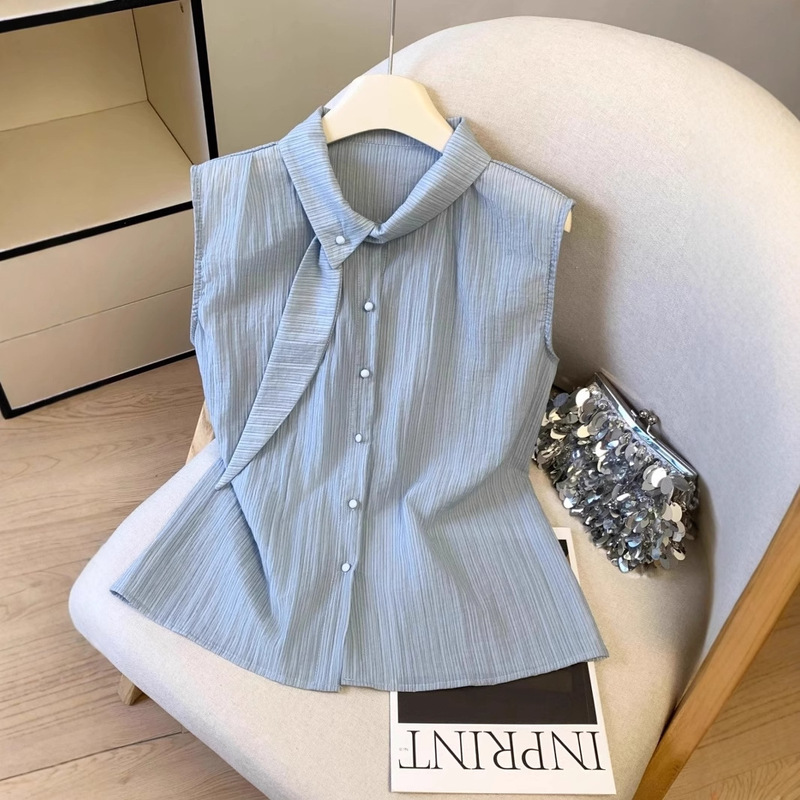 French Stripesd Work Clothing Sleeveless Shirt for Women Summer Thin Design Bow Tie Gentle Style Chic Shirt A4544