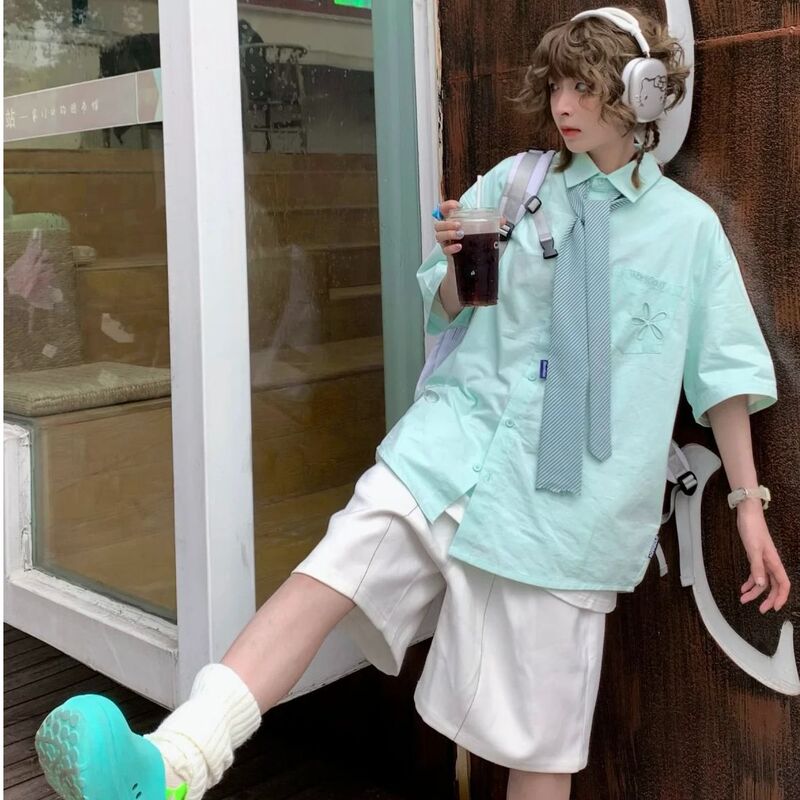 Summer New Japanese-Style Fresh Loose Mint Green High-End Korean Version Trendy Short-Sleeve Shirt for Women