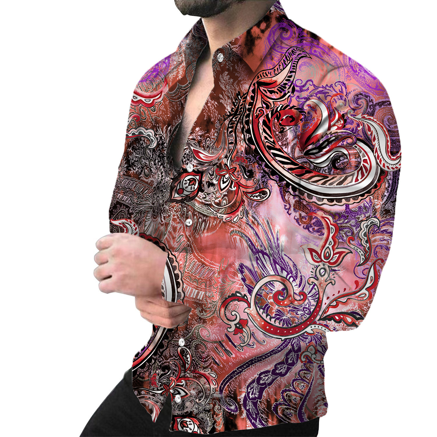 Camicia a maniche lunghe con colletto Stampa digitale 3D abbigliamento casual da uomo_voghion.com