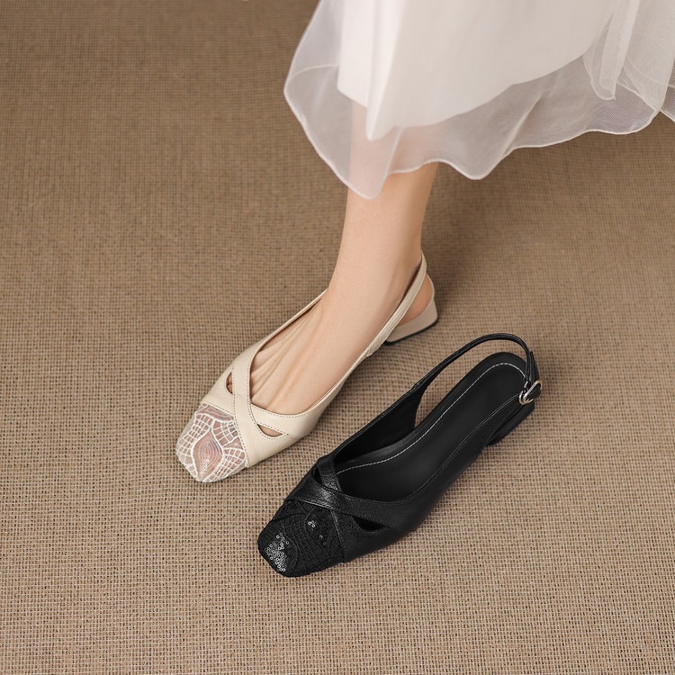 Sandal cao gót nữ hở mũi da cừu lưới phối màu quai ngang khóa — màu đen, màu trắng ngà chi tiết 70