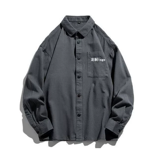 落肩水洗棉衬衫定制印logo男简约宽松纯色工作服韩版港风工装衬衣