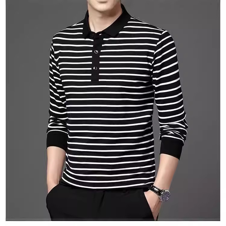 Camisa de polo de otoño de los hombres de moda de rayas de contraste de color de la solapa de manga larga Camiseta de los hombres de estilo coreano slim fit camiseta juvenil ropa de otoño