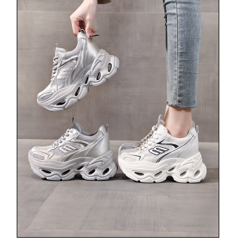 Giày sneaker cao gót nữ đế xuồng platform tăng chiều cao 10.5 cm — màu trắng, màu xám chi tiết 16