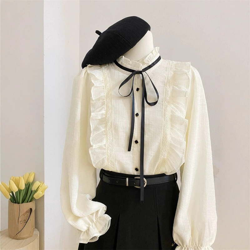 2025 New Spring and Autumn French Court Style Ruffled Chiffon Blouse for Women, Chic and Elegant Shirt