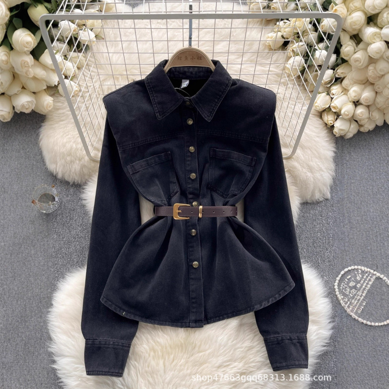 European and American Style Retro Distressed High-End Denim Shirt for Women in Autumn, Waist Slimming, Street Design, Niche Tops, Trendy