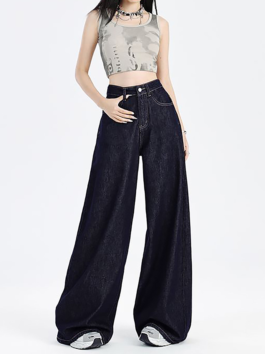 Spring and Autumn American-Style Dark Blue Jeans for Women 2026 New Model Petite High-Waisted Slimming Straight Loose Wide-Leg Pants