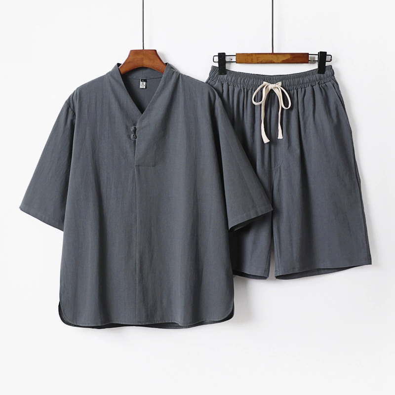 Мужской модный молодежный костюм династии Хань в китайском стиле из хлопка и льна с v-образным вырезом и рукавами три четверти, летний костюм Тан, футболка, китайский костюм Тан, большой размер