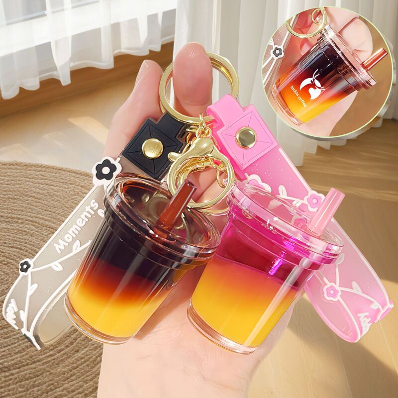 Milk Tea Cup Acrylic Creative Keychain Coffee Cup Liquid Quicksand Pendant Exquisite and Cute Accessories Backpack Pendant