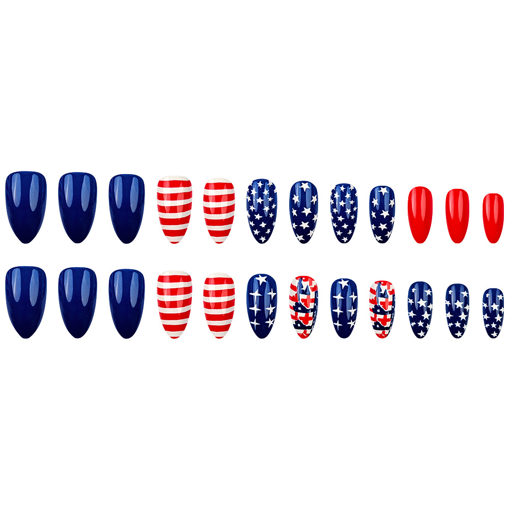 Día de la Independencia de comercio exterior corto de almendras de uñas, bandera de los Estados Unidos, 24 piezas de parche de uñas, viento dulce y fresco para usar uñas
