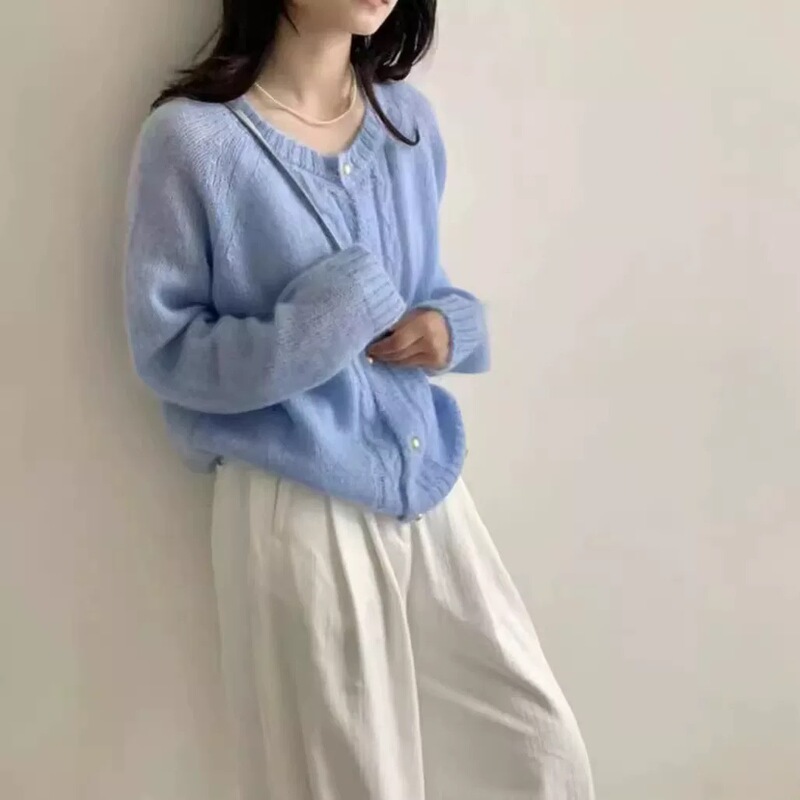 2025秋冬新款圆领麻花薄款针织开衫女宽松显瘦气质清新风毛衣外套|undefined