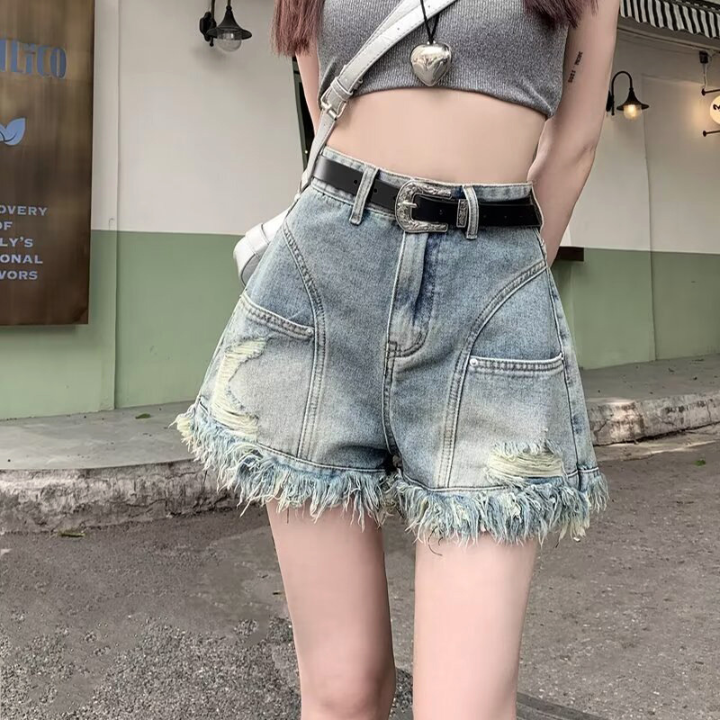 American Style Hot Girl's Denim Shorts with Rapped and Rapped Edge Women's Summer Niche plus size Design Sense High Waist Hot Trendy Trendy Pants with A- line