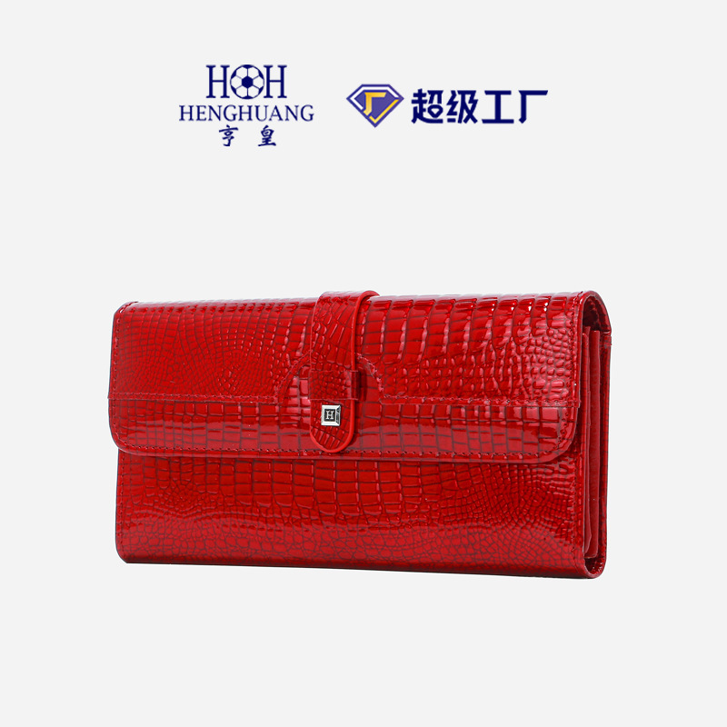 Luxury Women's Genuine Leather Tri-Fold Wallet Crocodile Embossed Patent Leather Large Capacity Top Grain Cowhide Long Purse Wholesale - Thumbnail 5