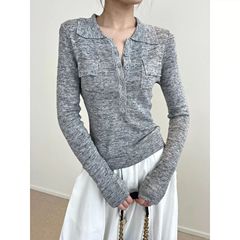 幻彩纱早秋麻感 翻领Polo领长袖T恤女修身显瘦打底衫针织衫