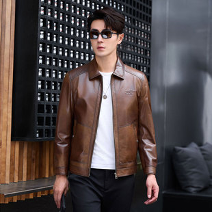 Lapel New Leather Jacket Men's Motorcycle Leather Jacket Goatskin Spring and Autumn Thin Single Casual Fashionable Leather Jacket