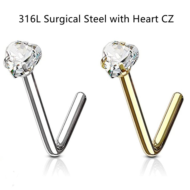 Titanium steel love five-pointed star round zircon nose nail nose ring L-shaped human body piercing perforated tattoo jewelry nose ornaments earrings