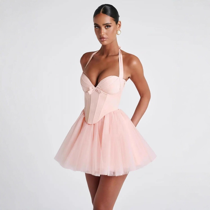 Teenagers' Back-To-School Dress, Sheer Short Ball Gown with Bow, Mini A-Line Puffy Cocktail Dress