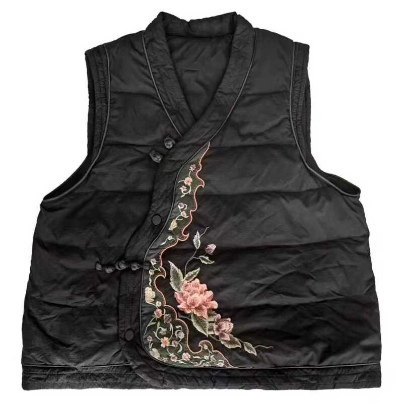 New Chinese-Style Embroidered down Vest V-Neck National Style Patchwork Fashionable Commuter Literary Retro Warm White Duck down Winter Style