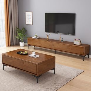 Full Solid Wood TV Cabinet Coffee Table Combination Nordic Modern Simple Small Apartment Living Room Bedroom Home Storage Cabinet High Cabinet