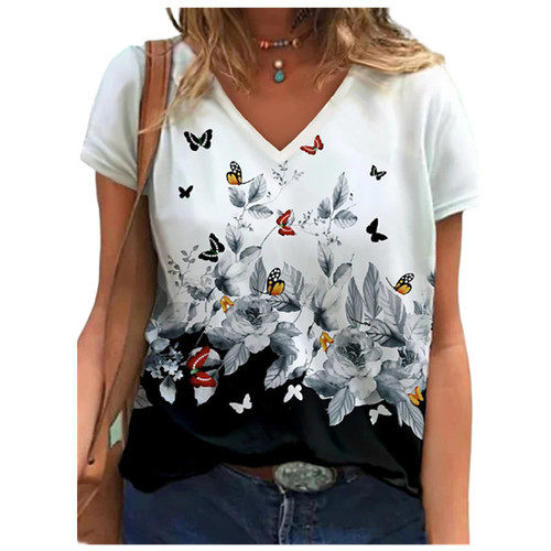 Summer eBay 3D digital printing V-neck women's loose fit women's T-shirt European and American milk silk