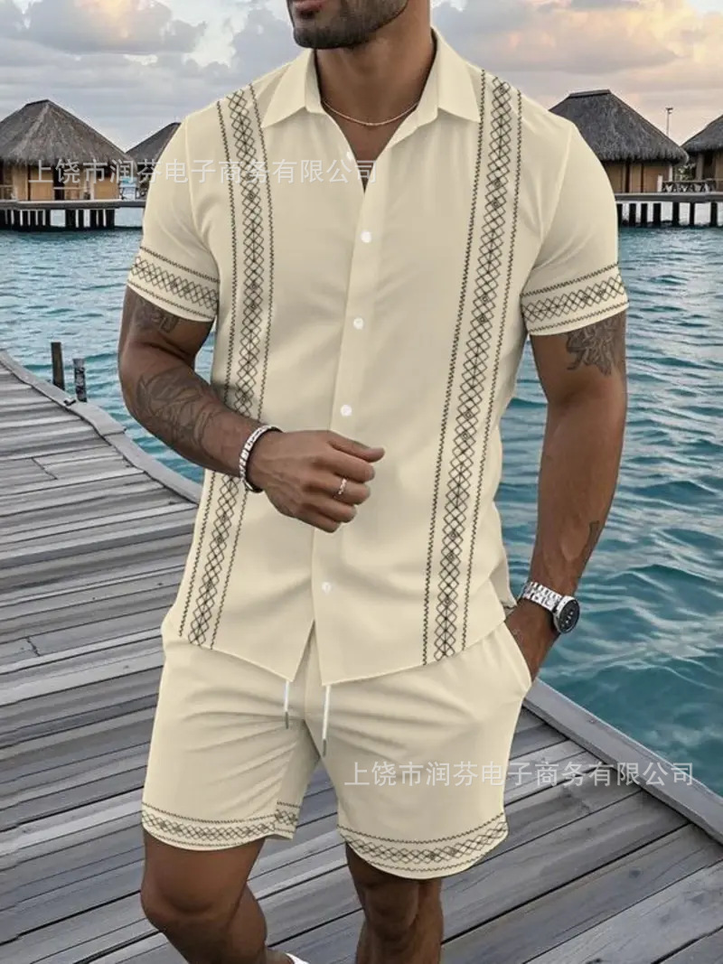 2026 viaje transfronterizo de vacaciones de viento camisa set hombre verano suelto transpirable dos piezas set mar ocio versátil