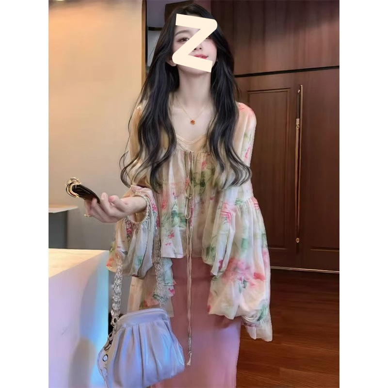 春春秋季温柔系穿搭女2025新款气质印花灯笼袖上衣吊带裙新中式套|undefined