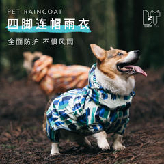 犬の四足はレインコートを全部包んで防水して帽子をかぶっています。