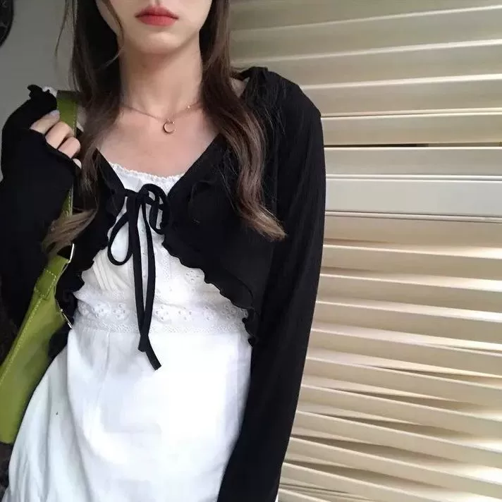 Нежный женский кардиган с рюшами, тонкая верхняя одежда, короткая кофточка, маленькая солнцезащитная шаль на завязках.