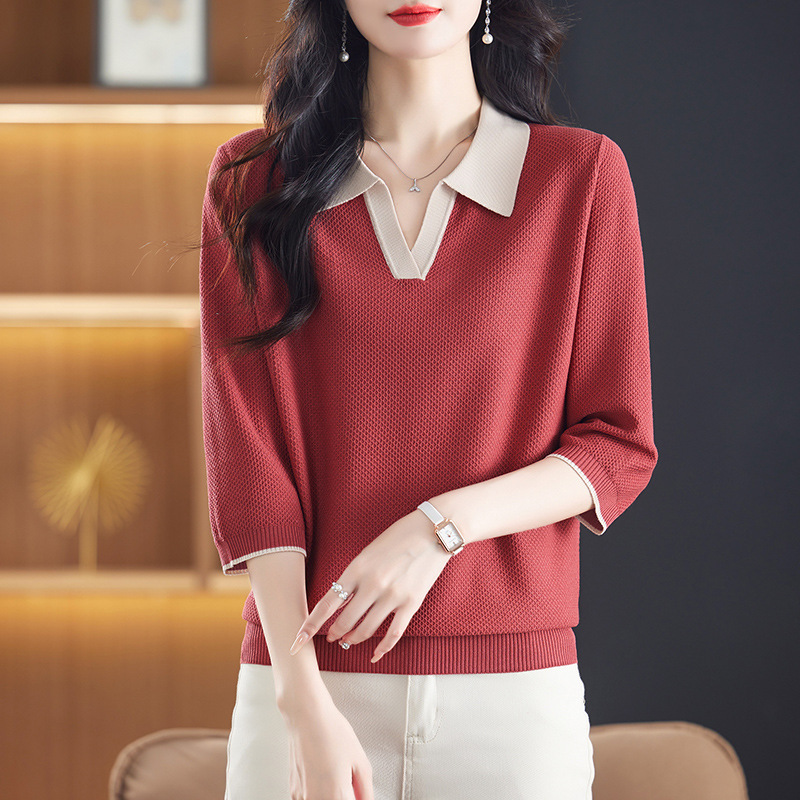 Contrast Polo Lel Ice Silk Knitted Sweater Women's Spring 2025 New Seven-point Sleeve Base Shirt Thin Top for Women