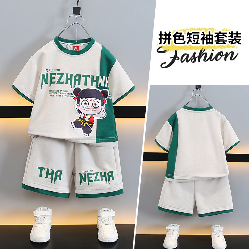 7928 traje de verano para niños 2025 nuevo traje de dos piezas de manga corta de dibujos animados para niños ropa delgada de verano para bebés de moda