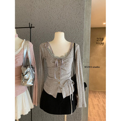 塞纳WGWE6906早秋新款韩系甜美纯蕾丝拼接吊带长袖针织衫两件套女