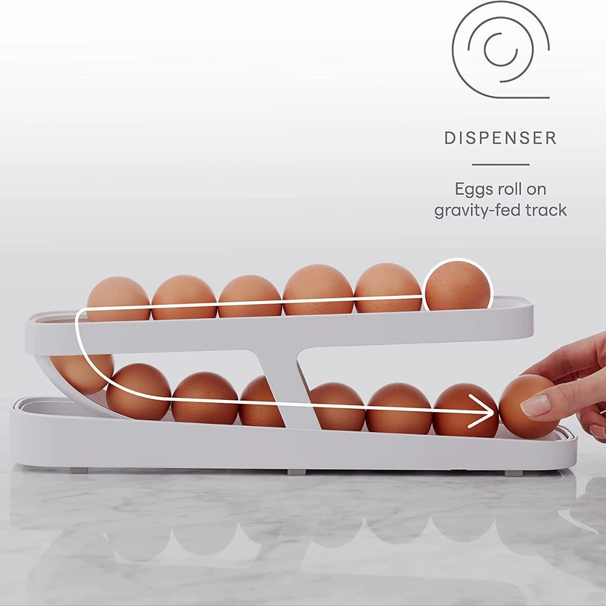 Refrigerator Rolldown Egg Dispenser — Compact Rolling Egg Storage Rack, White/Color Box