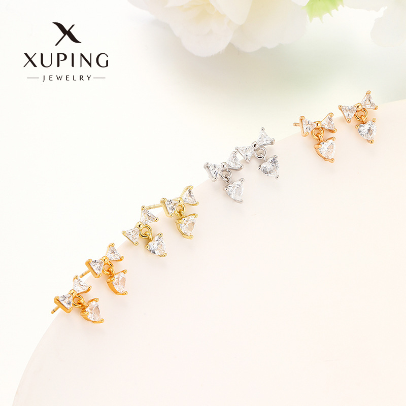Xuping nueva moda amor bordilla arco pendientes incrustados zircon aleación de cobre elegante temperamento auriculares al por mayor