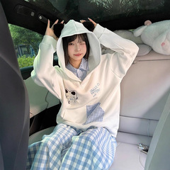 美式复古格子拼接猫咪刺绣假两件连帽卫衣女秋冬新款宽松闺蜜装