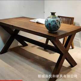 新中式老榆木餐桌椅组合实木酒馆复古长条桌民宿做旧喝茶桌学习桌