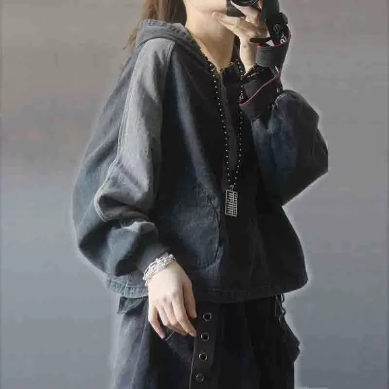 Autumn retro denim short sweatshirt with hood, oversize