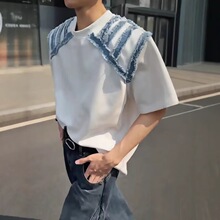 毛边牛仔拼接垫肩t恤男夏季韩版设计感重磅短袖潮牌小领口五分袖