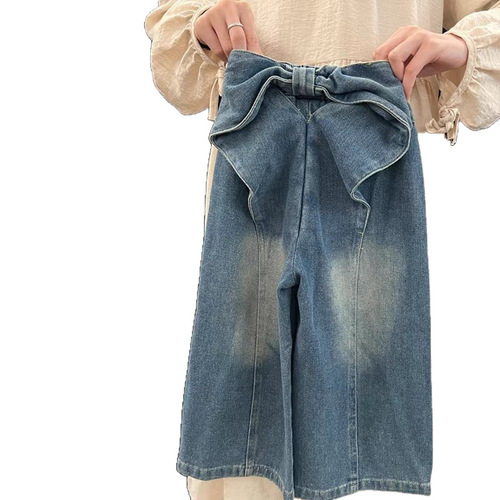 Cream-Colored Spring Denim Jeans 2025, Korean-style Chic Kids' Fashion with Designer Bow, Straight-Leg Wide-Leg Pants