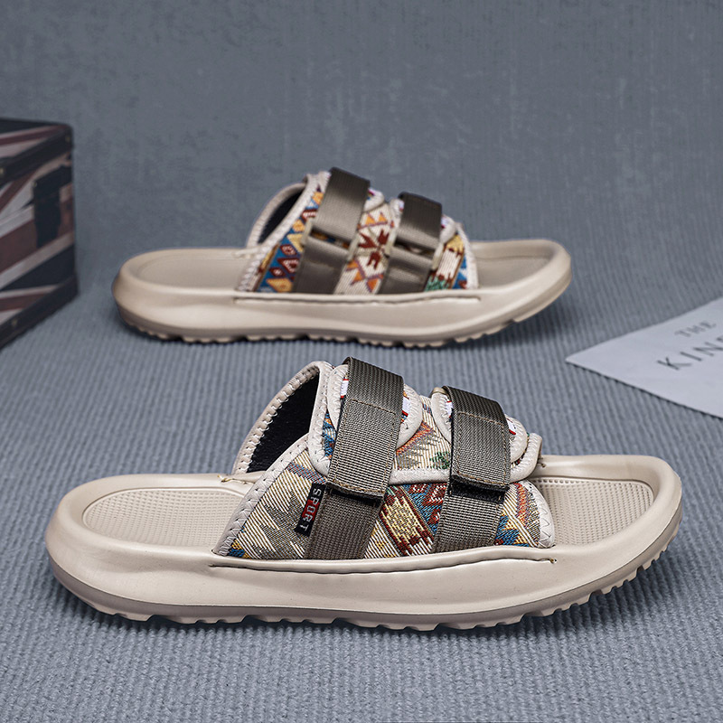 Pantuflas de velcro de tela verano nueva tendencia transpirable playa al aire libre ocio fondo plano pisando la mierda sandalias para hombres