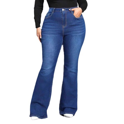 Blue denim mid-rise bell-bottom pants from TEMUSHEINTK's independent store in Europe and America