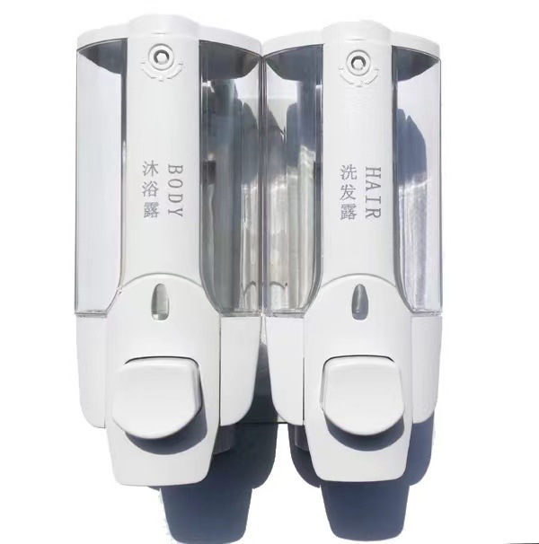 En stock suministro dos en uno dispensador de jabón de prensa dispensador de jabón manual de gel de ducha de champú de gran capacidad