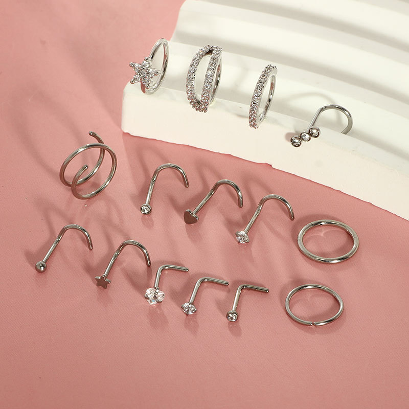 Nieuwe 15-delige set roestvrijstalen, grensoverschrijdende, populaire neuspiercings met open geometrische vormen en ingelegde zirkonia, inclusief koperen piercing._voghion.com