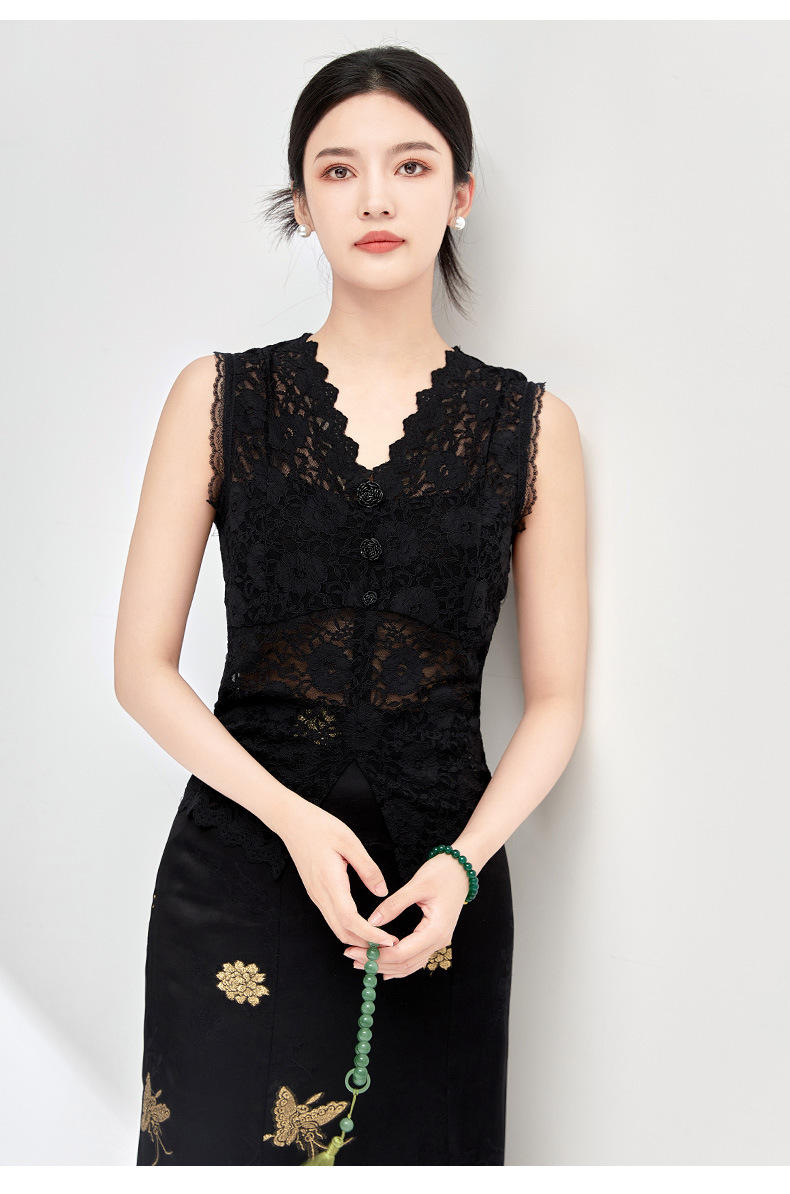 Áo hai dây ren cổ chữ V co giãn đa năng mặc trong hoặc ngoài mùa hè — Màu đen chi tiết 9