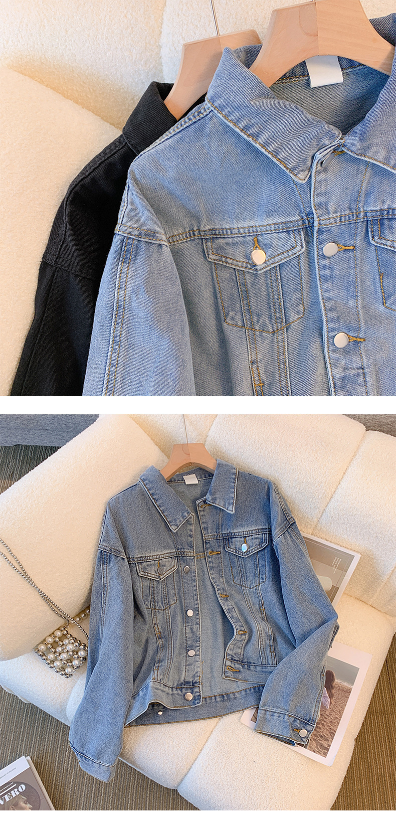 Women’s Vintage Denim Jacket – Classic Indigo & Black Single-Breasted Cardigan Coat (S-2XL)_mkmklike.com