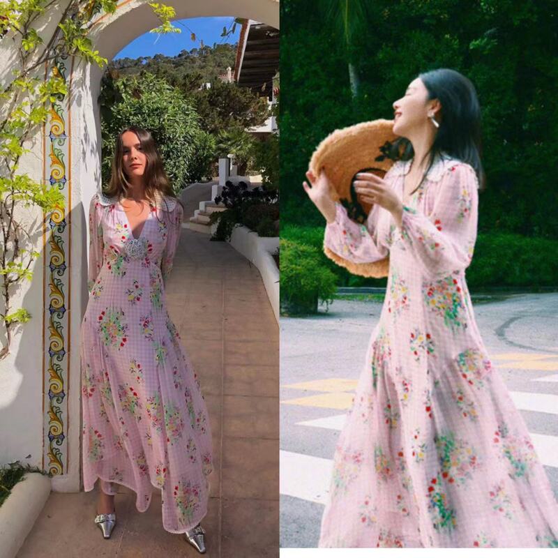 Ri2025 New Summer Women's Long Skirt Romantic Lace Contrasting Polka Dot Stitching Pink Wavy Edge Dress for Women
