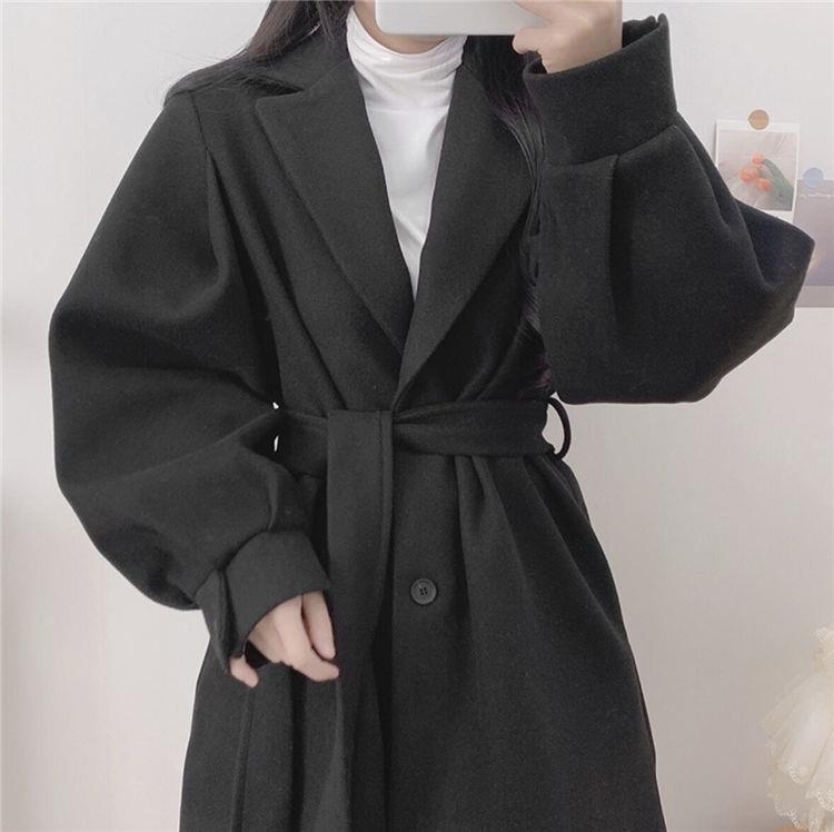 Women's Clothing Hepburn style black woolen coat for women autumn and winter 2024 new style small waist thickened medium and long woolen coat_voghion.com