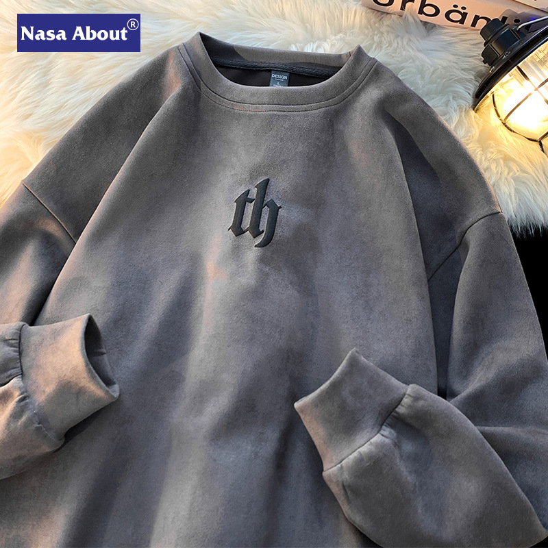 NASA Suede pesado suéter de los hombres primavera y otoño marca moda Americana Loose Top cuello redondo retro base manga larga