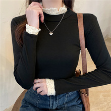 一件代发秋冬新款羊毛绒半高领蕾丝保暖修身百搭长袖t恤打底衫女