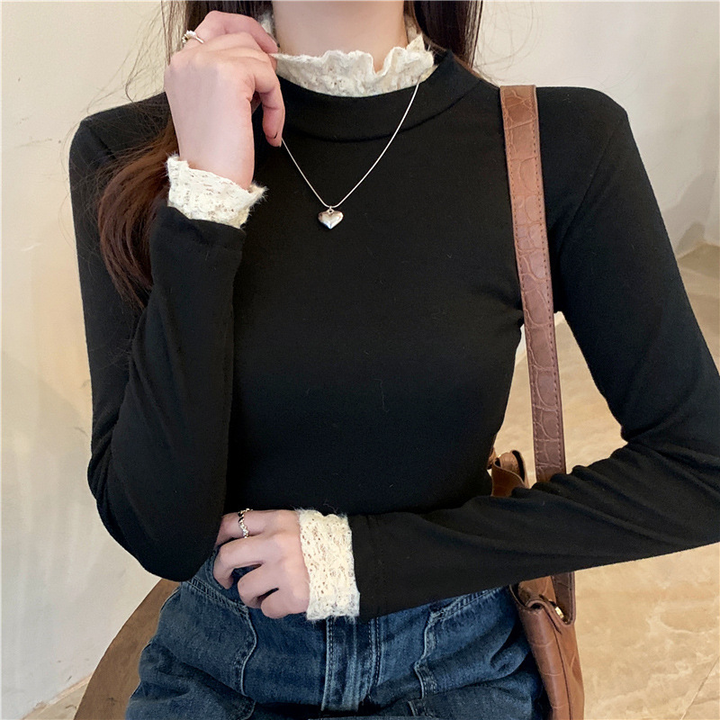 Dropshipping New Autumn and Winter Wool Velvet Half Turtleneck Lace Warm Slim Versatile Long-Sleeved T-Shirt Bottoming Shirt for Women Dropshipping New Autumn and Winter Wool Velvet Half Turtleneck Lace Warm Slim Versatile Long-Sleeved T-Shirt Bottoming Shirt for Women