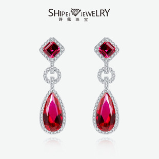 Shipei Jewelry 925 Silver 3 Carat Water Drop 7*14 Cultivated Ruby Earrings European and American Export Same Style Earrings High-End