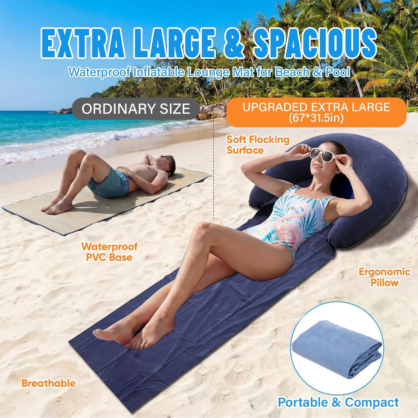 Beach inflatable lounger, portable inflatable beach mat, adult leisure beach mat, flocked inflatable beach mat